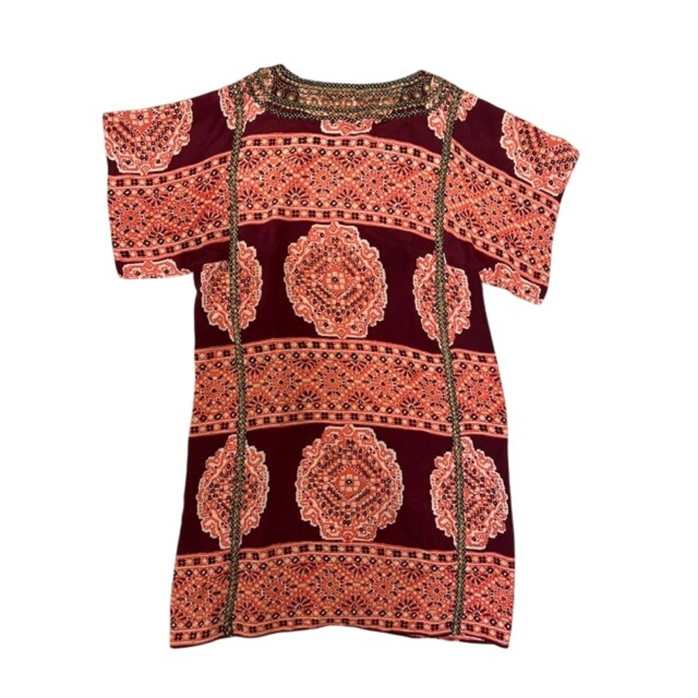 Calypso St Barth Silk Medallion Tunic Dress Orange Burgundy Studded Boho Medium - Picture 9 of 11